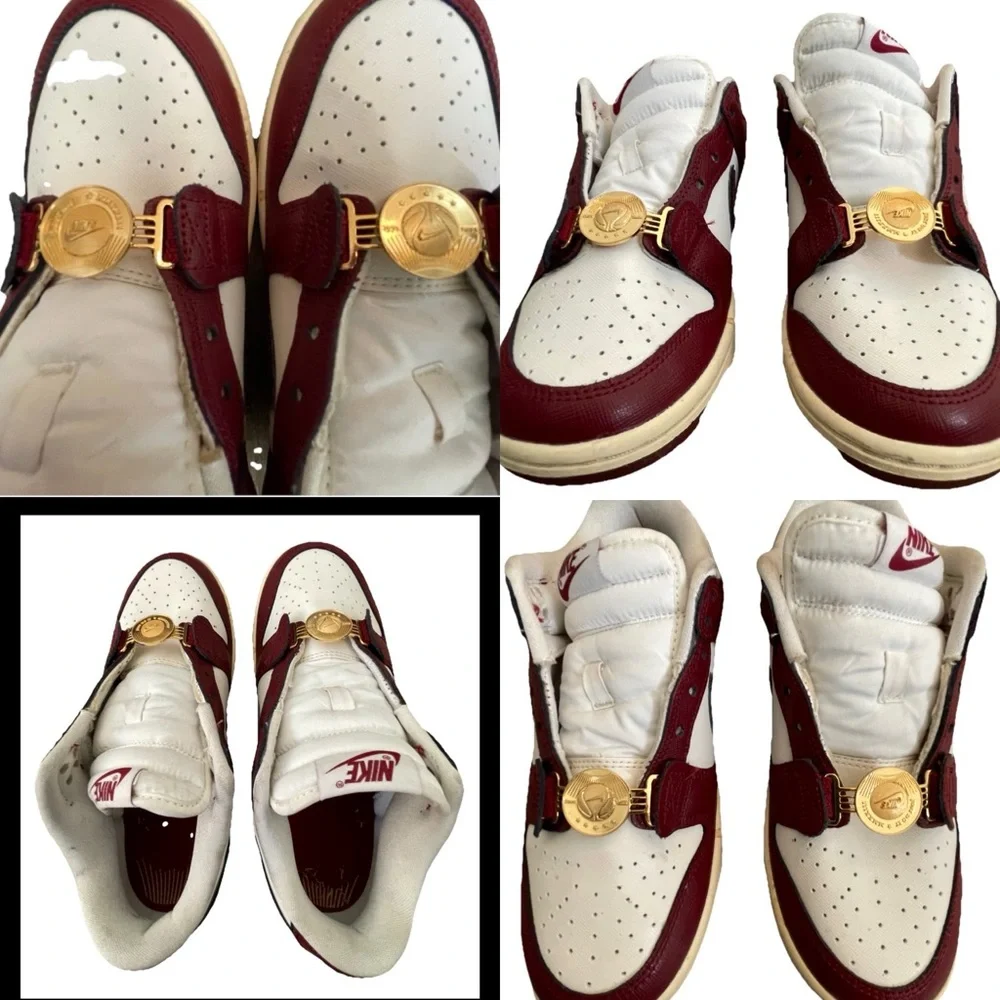 Nike Women’s White and Burgundy Sneakers with Gold Accents
